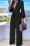 Blackish Green Fashion Long Sleeve Lapel Collar Solid Color With Waistband Wide Leg Jumpsuits OMY80035-7