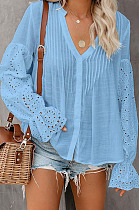 Blue Summer Chiffon Horn Sleeve V Collar Single-Breasted Loose Solid Colur Shirts MDO001-3