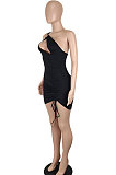 Black Women Sexy Club Dress One Shoulder Solid Color Hollow Out Mini Dress SH7279-1