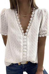 White Chiffon Pure Color Jacpuard Short Sleeve V Neck Loose Fashion Blouse MDO9986-1