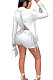 White Euramerican Women Solid Color Back Deep V Split Tassel Casual Turn-Down Collar Shorts Sets RB3042-1