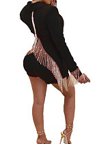 Black Euramerican Women Solid Color Back Deep V Split Tassel Casual Turn-Down Collar Shorts Sets RB3042-3