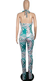 Lake Blue Euramerican Women Printing Sexy Strapless Cross Bandage Backless Tiny Flared Bodycon Jumpsuits LML228-2