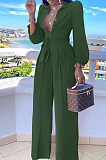 Black Fashion Long Sleeve Lapel Collar Solid Color With Waistband Wide Leg Jumpsuits OMY80035-4