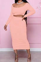 Orange Fashion Women Pure Color Long Sleeve Backless Split Skirts Sets NL6088-1