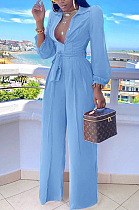 Light Blue Fashion Long Sleeve Lapel Collar Solid Color With Waistband Wide Leg Jumpsuits OMY80035-5