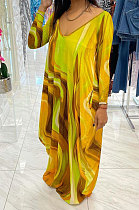 Yellow Women Printing Long Sleeve Pocket Mid Waist Loose Long Dress NK258-2