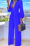 Light Blue Fashion Long Sleeve Lapel Collar Solid Color With Waistband Wide Leg Jumpsuits OMY80035-5