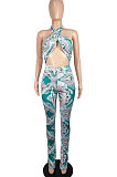 Lake Blue Euramerican Women Printing Sexy Strapless Cross Bandage Backless Tiny Flared Bodycon Jumpsuits LML228-2