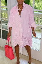 Pink Casual Women Stripe Spliced Long Sleeve Lapel Neck Single-Breasted Loose Shirt Dress WY6839-1