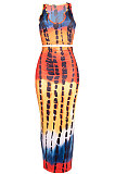 Multicolor Orange Women Sexy Tank U Neck Tie Dye Printing Skirts Sets Q923-1