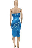 Peacock Blue Fashion Printing One Shoulder Backless Midi Dress WME2067