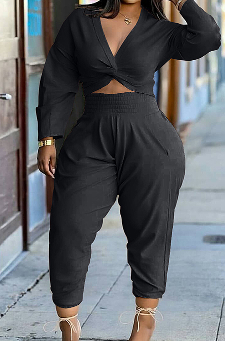 Black Casual Women Long Sleeve Deep V Collar Crop Top High Waist Carrot Pants Solid Color Two-Piece HXY68016-3