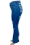 Blue Euramerican Women Hole Water Washing Sexy Jeans Long Pants Q930
