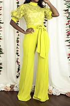 Yellow Mid Waist Long Pants Embroidered Cloth Waistband Wide Leg Jumpsuits YF9064