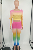 Yellow Red Cotton Blend Gradient Long Sleeve Obique Shoulder Dew Belly High Waist Tight Pants Sport Sets HXY8032-1