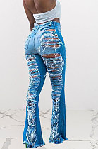Blue Euramerican Women Hole Water Washing Sexy Jeans Long Pants Q930