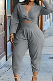Black Casual Women Long Sleeve Deep V Collar Crop Top High Waist Carrot Pants Solid Color Two-Piece HXY68016-3