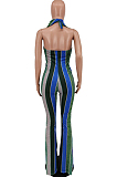 Blue Night Club Stripe Printing Halter Neck V Collar Backless Slim Fitting Wide Leg Jumpsuits HXY8055-2