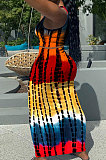 Blue Orang Wave Women Sexy Tank U Neck Tie Dye Printing Skirts Sets Q923-2
