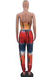 Red New Colorful Tie Dye Printing Condole Belt Crop Top High Waist Wide Leg Pants Two-Piece HMR6033 