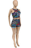 Black Women Sleeveless Tank Trendy Printing Shorts Sets WME2034