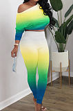 Yellow Red Cotton Blend Gradient Long Sleeve Obique Shoulder Dew Belly High Waist Tight Pants Sport Sets HXY8032-1