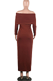 Brown Sexy Knitting Long Sleeve A Word Shoulder Slim Fitting Solid Color Bodycon Dress SY8823
