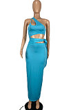 Sky Blue Euramerican Women Condole Blet Dew Waist Backless Bandage Pure Color Long Dress CY1324-1