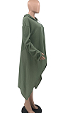 Army Green Cotton Blend Casual Long Sleeve Hoodie Loose Solid Color Irregularity T-Shirt Dress QSS51032