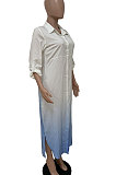 Blue Women Gradient Cardigan Long Sleeve Mid Waist Irregular Long Dress T Shirt/Shirt Dress LD81037-1