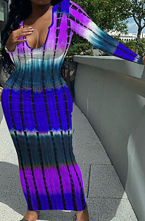 Multicolor Purple Women Tie Dye Ribber Positioning Printing Bodycon Long Sleeve Sexy Long Dress Q922-2