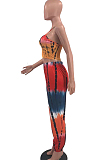 Red New Colorful Tie Dye Printing Condole Belt Crop Top High Waist Wide Leg Pants Two-Piece HMR6033 