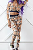 Pink New Women Plaid Printing Long Sleeve U Neck Crop Top High Waist Bodycon Pants Two-Piece TRS1170-3