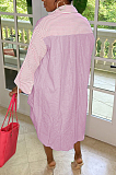 Blue Casual Women Stripe Spliced Long Sleeve Lapel Neck Single-Breasted Loose Shirt Dress WY6839-2