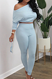 Gray Fashion Long Sleeve Oblique Shoulder Dew Belly High Waist Bodycon Pants Solid Colur Sport Sets HXY8027-2