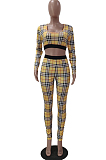 Yellow New Women Plaid Printing Long Sleeve U Neck Crop Top High Waist Bodycon Pants Two-Piece TRS1170-4