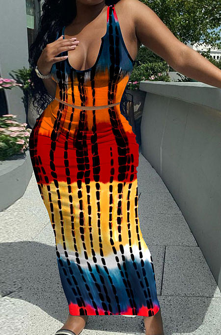 Multicolor Orange Women Sexy Tank U Neck Tie Dye Printing Skirts Sets Q923-1