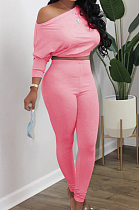 Pink Fashion Long Sleeve Oblique Shoulder Dew Belly High Waist Bodycon Pants Solid Colur Sport Sets HXY8027-1