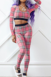 Apricot New Women Plaid Printing Long Sleeve U Neck Crop Top High Waist Bodycon Pants Two-Piece TRS1170-5