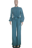 Green Euramerican Women Sexy Pure Color Long Sleeve Tied Casual jumpsuits LD8602-2