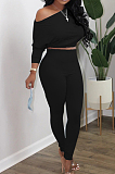 Gray Fashion Long Sleeve Oblique Shoulder Dew Belly High Waist Bodycon Pants Solid Colur Sport Sets HXY8027-2
