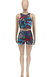 Black Women Sleeveless Tank Trendy Printing Shorts Sets WME2034