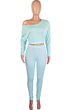 Light Blue Fashion Long Sleeve Oblique Shoulder Dew Belly High Waist Bodycon Pants Solid Colur Sport Sets HXY8027-4
