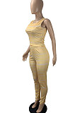 Yellow Women Fashion Casual Strap Printing Bodycon Sleeveless Tank Pants Sets ML7453-1