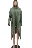 Army Green Cotton Blend Casual Long Sleeve Hoodie Loose Solid Color Irregularity T-Shirt Dress QSS51032