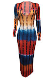 Multicolor Blue Women Tie Dye Ribber Positioning Printing Bodycon Long Sleeve Sexy Long Dress Q922-3