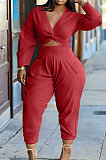 Red Casual Women Long Sleeve Deep V Collar Crop Top High Waist Carrot Pants Solid Color Two-Piece HXY68016-1