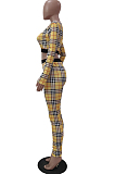 Orange New Women Plaid Printing Long Sleeve U Neck Crop Top High Waist Bodycon Pants Two-Piece TRS1170-1