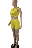 Orange Pink Women Trendy Sport Solid Color Slim Fitting Hoodie Sleeveless Zipper Shorts Sets ML7456-2
